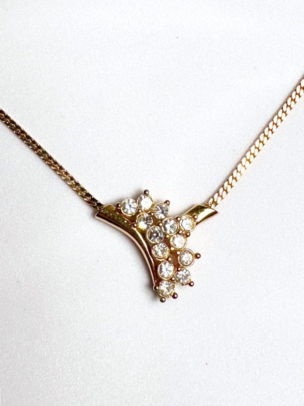 Vintage 1980s Avon Rhinestone Crescent Necklace Goldtone Herringbone Chain